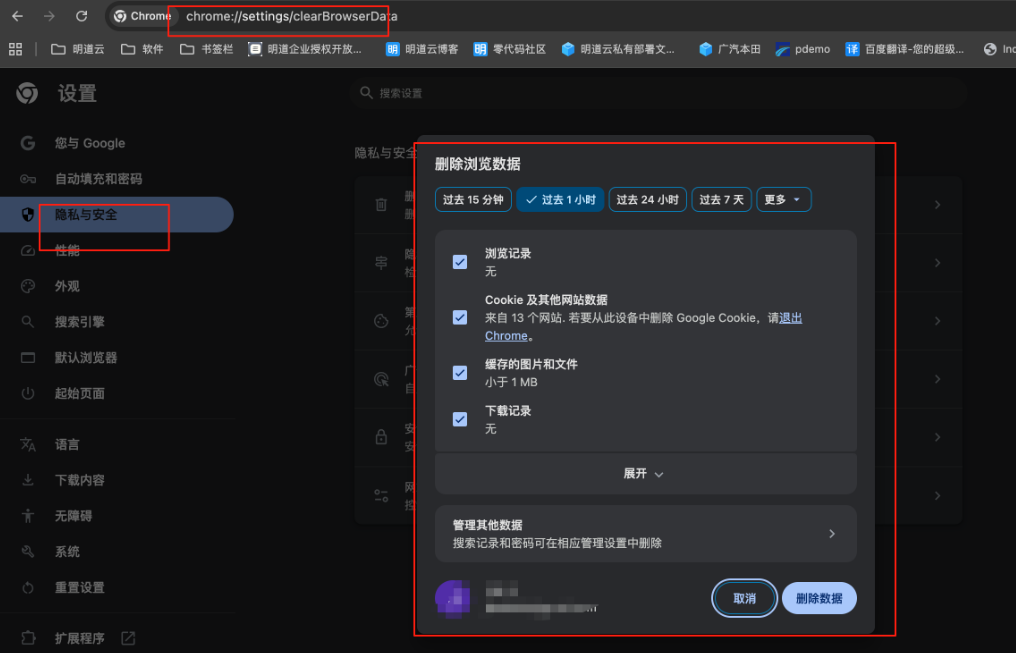 Chrome浏览器隐私与安全设置中的删除浏览数据页面,展示清理浏览记录、Cookie及其他网站数据和缓存图片文件,用于排查Access Denied、403和网站访问异常问题