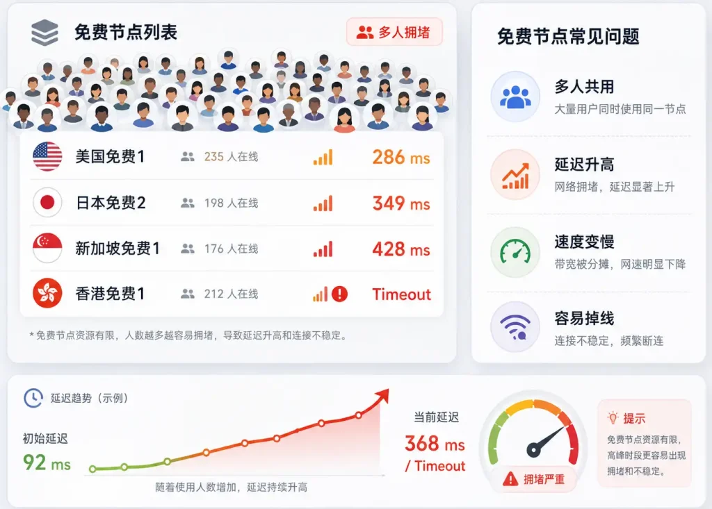 免费梯子节点多人拥堵和延迟升高示意图,展示免费节点在线人数过多、网速变慢、延迟升高和连接不稳定的问题