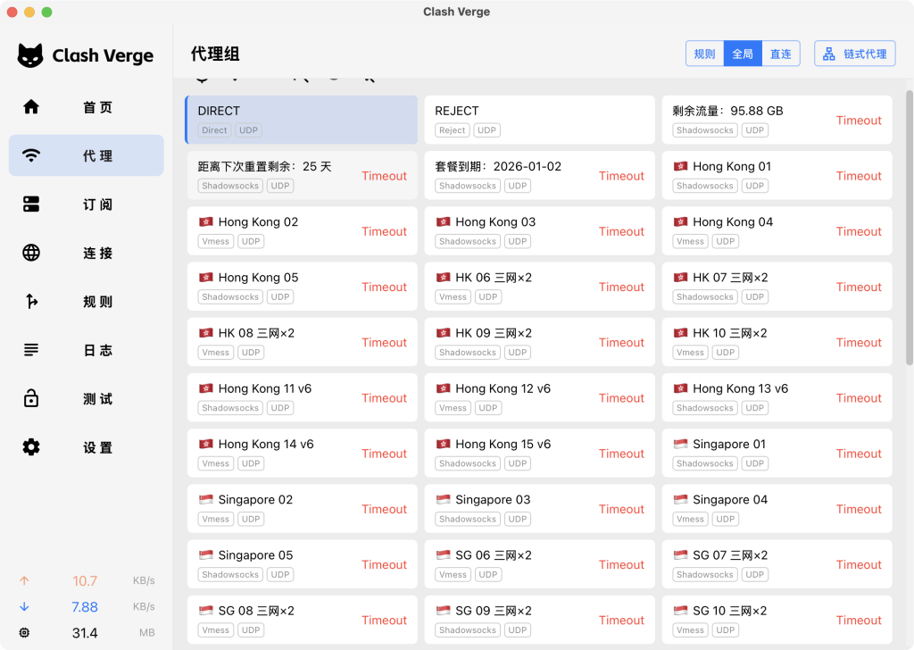 免费梯子节点 Timeout 截图,展示节点列表虽然很多但大部分无法连接,用于说明免费梯子经常连不上、速度慢和线路不稳定。
