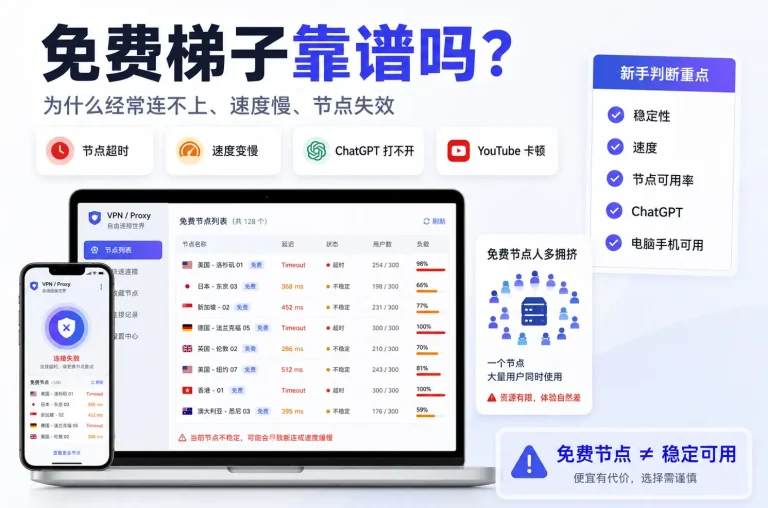 免费梯子靠谱吗？为什么经常连不上、速度慢、节点失效
