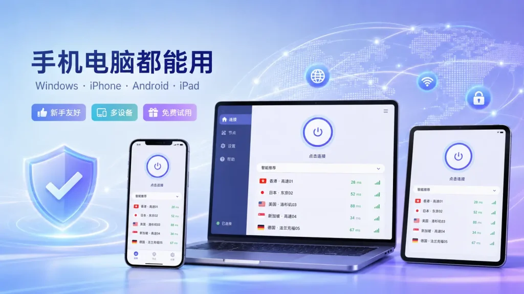 自如云联支持 Windows、iPhone、Android、iPad 多设备使用的示意图,展示手机、电脑和平板都可以配置梯子客户端,适合说明一个梯子账号多设备使用场景。