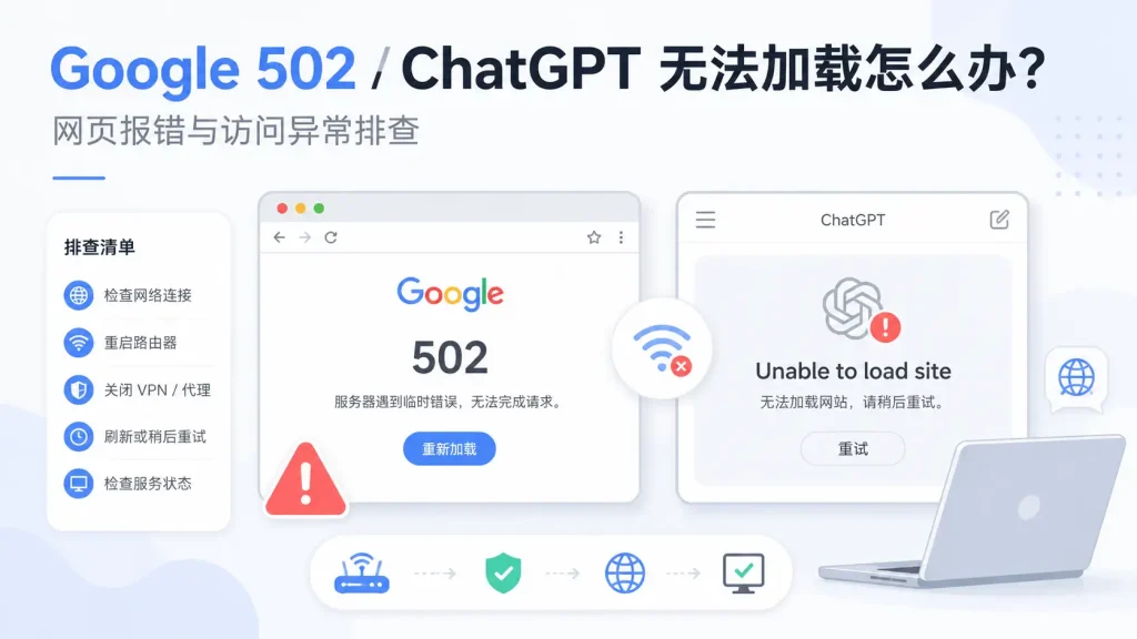 Google 502 错误和 ChatGPT 无法加载页面的排查示意图，展示网页报错、网络连接异常、代理线路和服务状态检查步骤。
