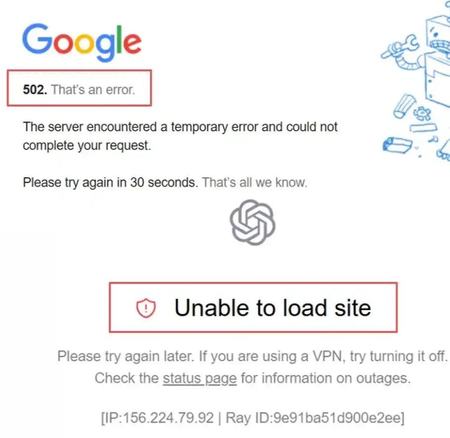 Google 502 错误和 ChatGPT Unable to load site 无法加载页面提示截图，用于说明网络异常、代理线路不稳定或应用暂时无法访问的情况。