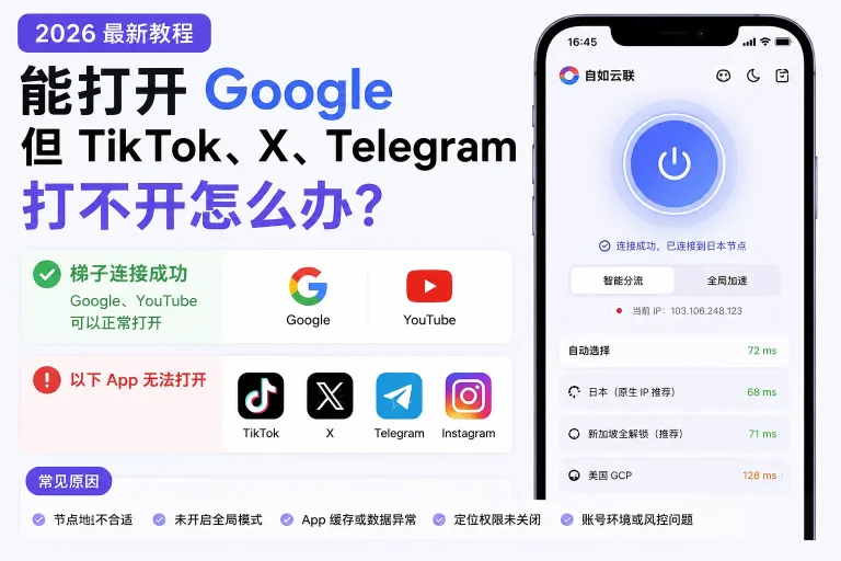 Google 能打开，但 TikTok、X、Telegram 打不开怎么办？2026 年应用访问异常排查