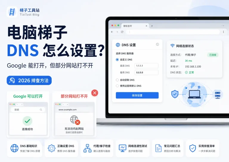 电脑梯子 DNS 怎么设置？2026 年 Google 能打开但部分网站打不开的排查方法