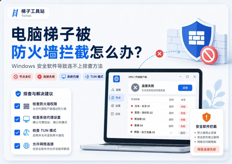 电脑梯子被防火墙拦截怎么办？2026 年 Windows 安全软件导致连不上排查方法